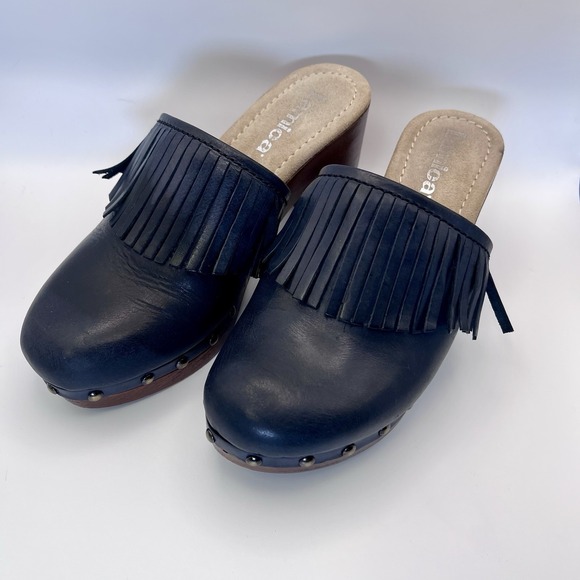 Shoes - Lamica Navy Clog Leather Fringe Stud Wood Heel Platform Blue Women US 6 36 Italy
